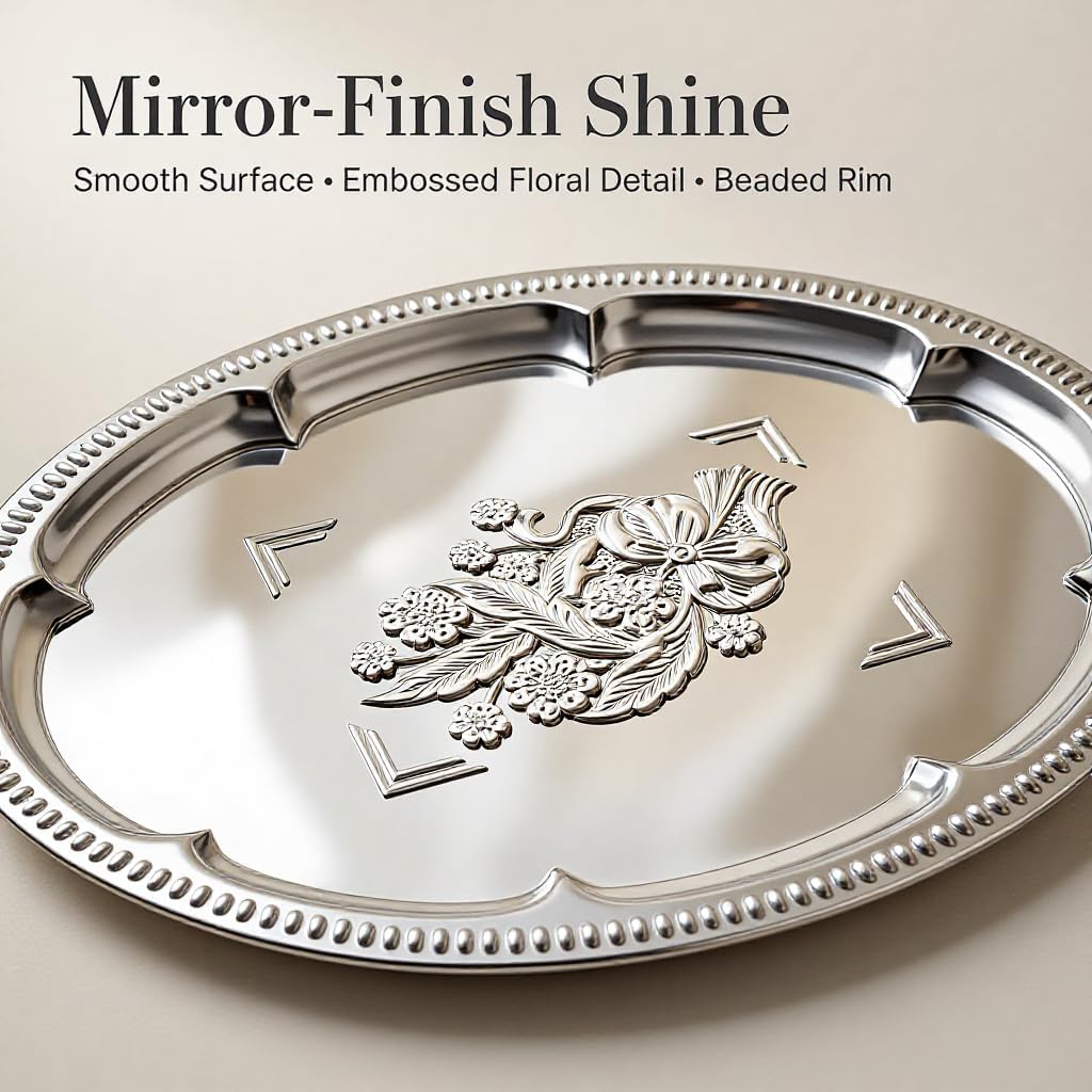 5-Pack Large Serving Tray 15.7"x11.8", Stainless Steel Decorative Platter with Raised Rim, Vintage Mirror Finish, Stackable Serveware for Parties, Weddings, and Home Display