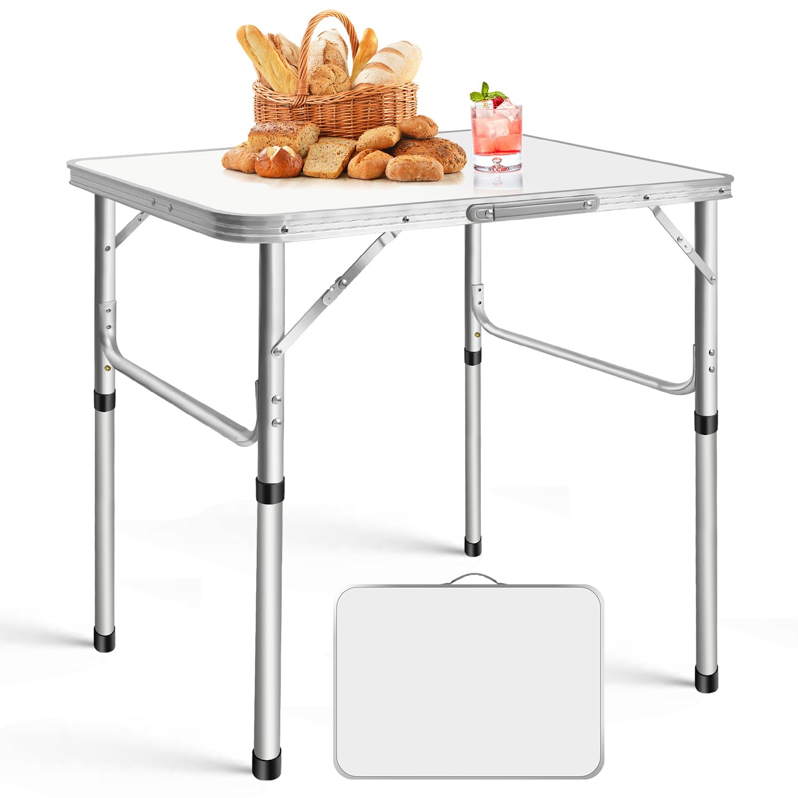 Banas Folding Table 2.46FT (75cm), Heavy Duty Aluminium Foldable Table with Handle, Adjustable Height Portable MDF Rectangle Table for Indoor Outdoor Garden, Picnic, BBQ, Camping, Party (White)