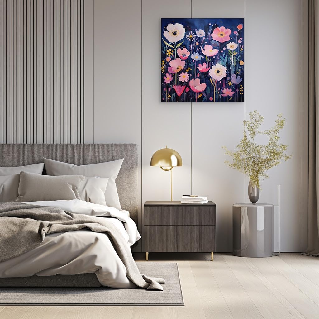 Canvas for Living room. Midnight Blooms: A Serene Nocturnal Symphony in Pink and Purple, 27 x 18 inch Canvas Wall Art - Zen Wall Decor - 69x46 cm (27x18 inch)
