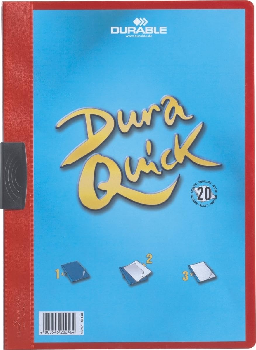 Durable Klemm-Mappe Duraquick Klemmappe für 1-20 Blatt, 20 Stück, rot, 227003 | Präsentationsmappe mit Vorderdeckel aus Klarsichtfolie, stabiler Kunststoff-Clip, schwarze Klemme