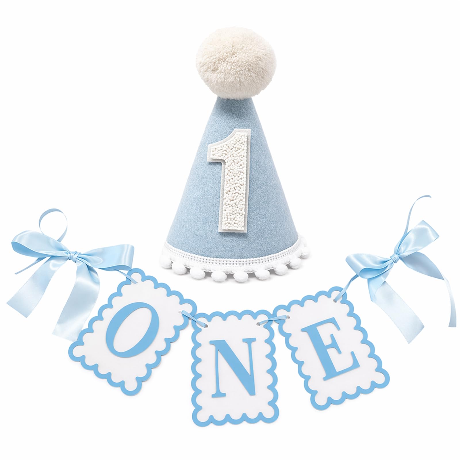 1st Birthday Decorations, Blue Party Hat and Banner Set