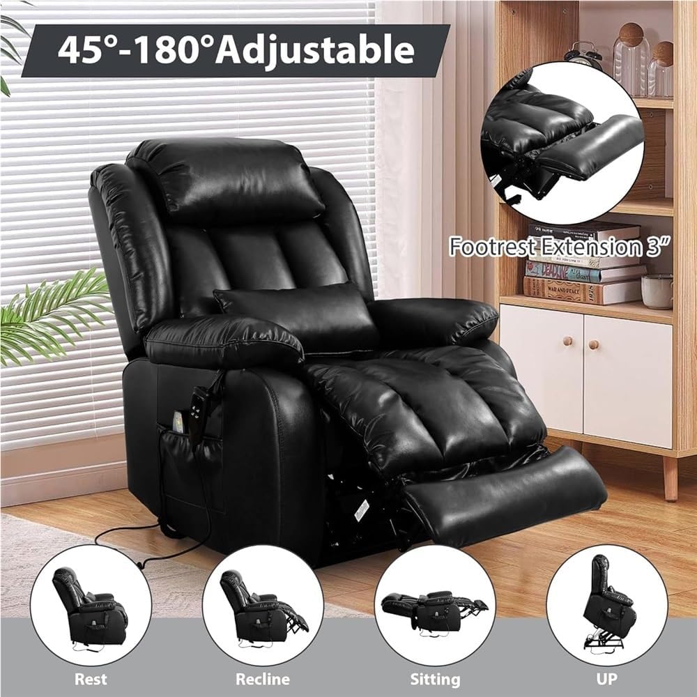 Large Genuine Leather Power Lift Recliner Chair Elderly Dual Motor Heating Massage Adjustable Reclining Sofa Extended Footrest Double Lumbar Cushion