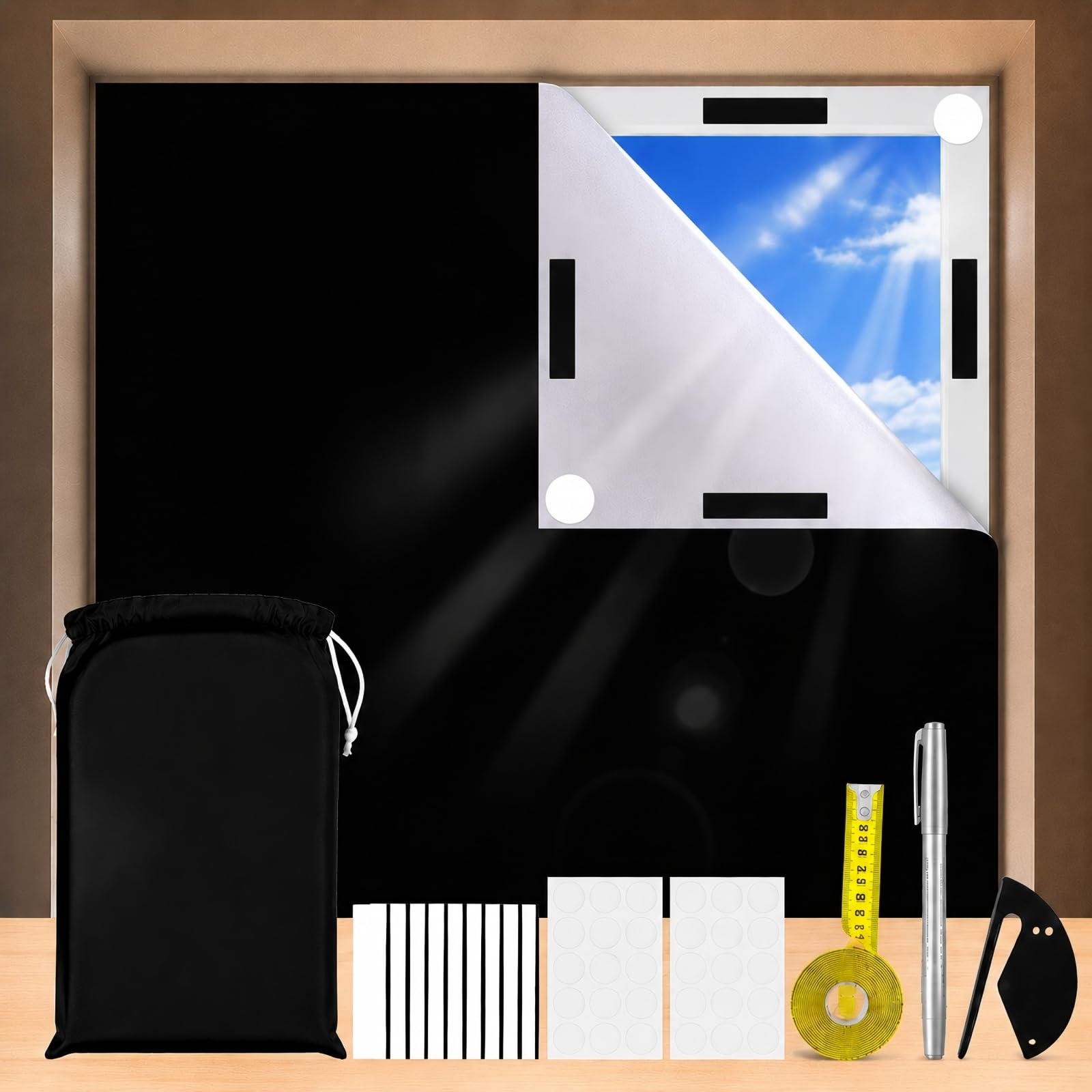 XTYMBH 100% Blackout Blind, 200×145cm Portable Blackout Blinds, No Drill Blinds Blackout for Windows Fits Any Size Shape, for Bedroom, Nursery, Loft, RV, with 30 Round Strong Adhesive and 10 Velcro