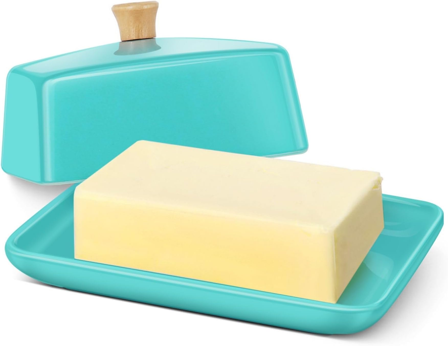 Ceramic Blue European Butter Dish with Lid for Countertop (8 Inch) - Wide 2 Stick Double Butter Holder for Counter, Cream Cheese Container Storage Keeper