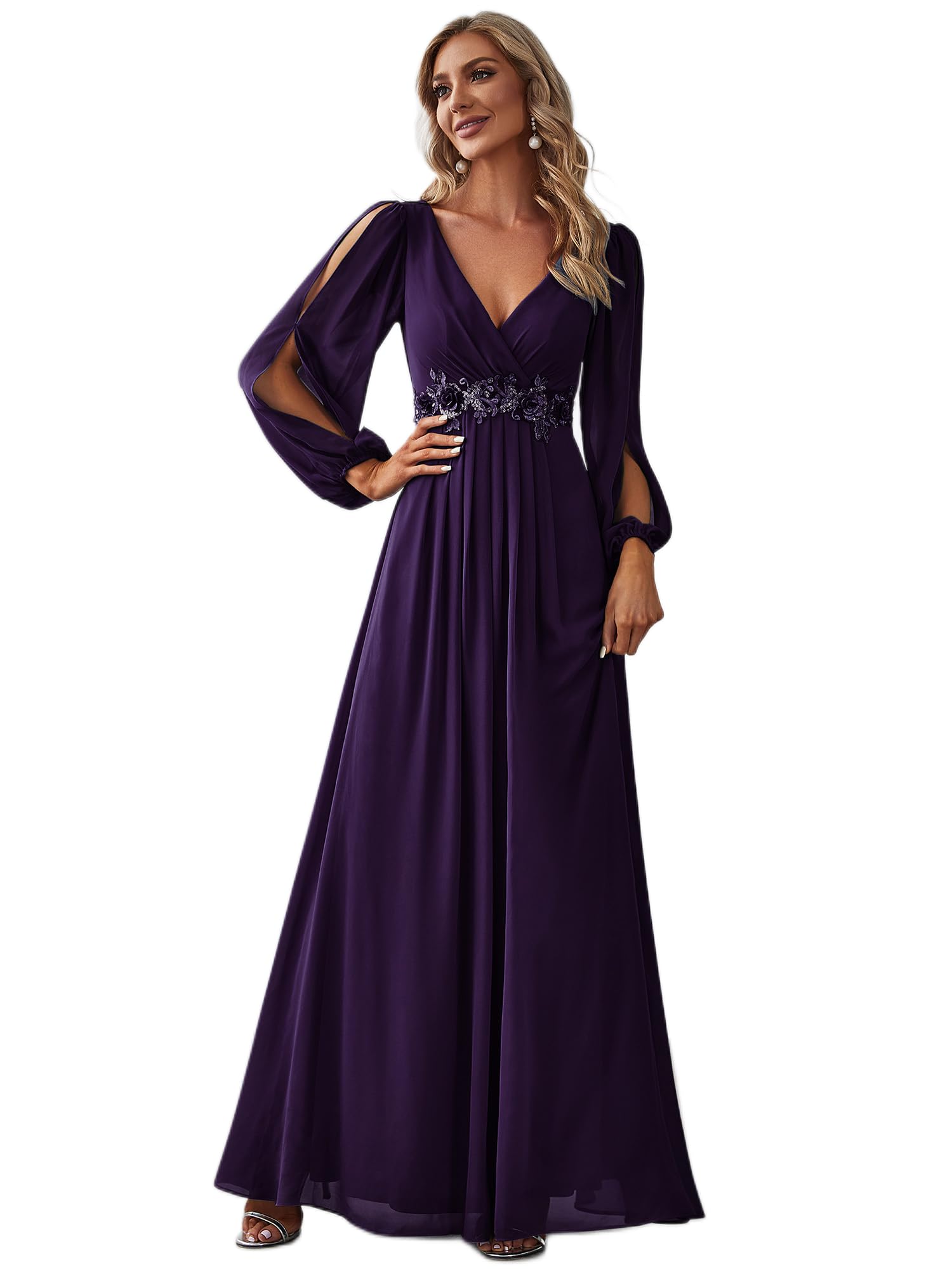 Ever-Pretty Vestito da Cerimonia Elegante Linea ad A Scollo a V A Abiti da Sera 00461 Viola Scuro 44