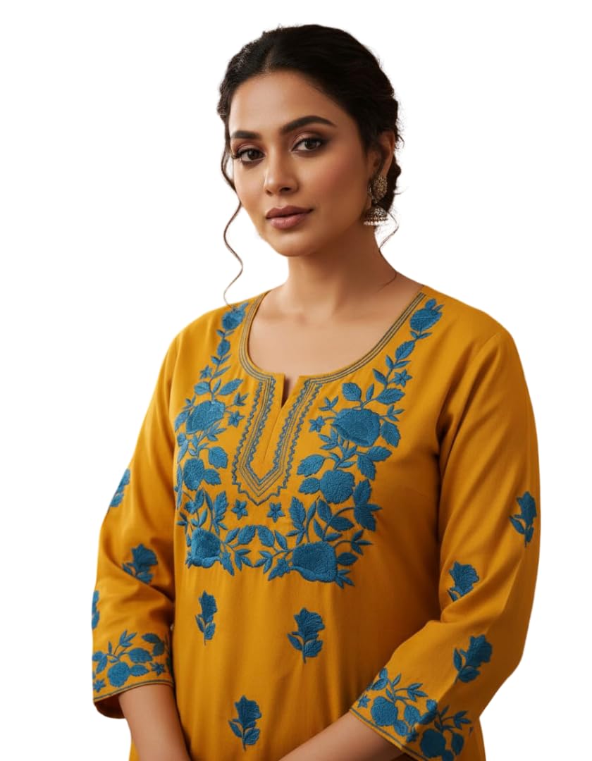 Mustard Yellow Embroidered, Floral Embroidery, Long Sleeves, Rayon Traditional Indian Ethnic Wear-picture-11