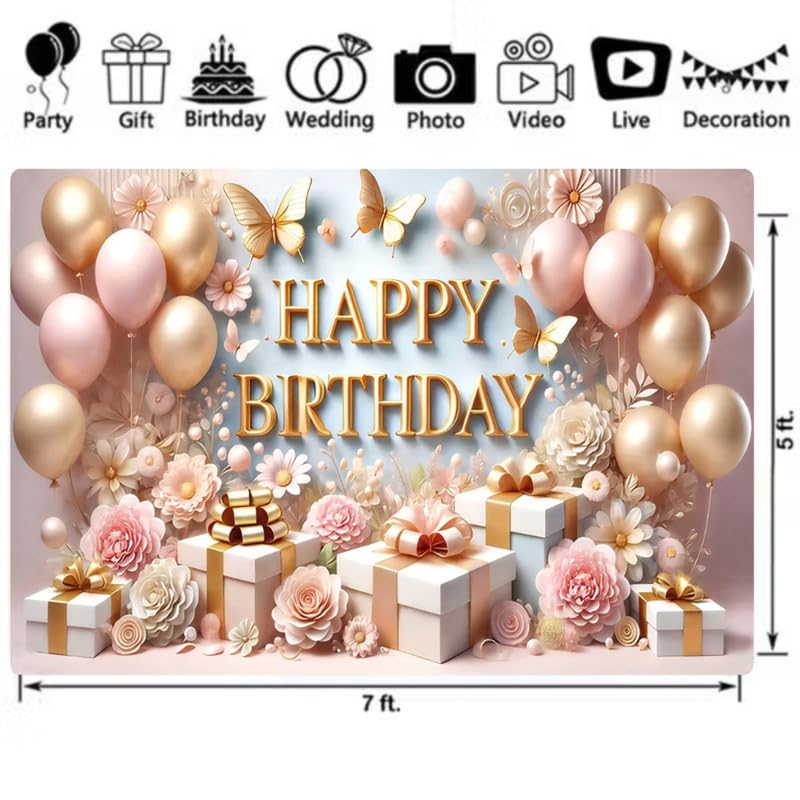 Image of Light Pink Elegant Birthday Backdrop - Floral Rose Gold Theme with Balloons & Gift Boxes for Birthday Decoration & Photoshoot (Pack of 1)