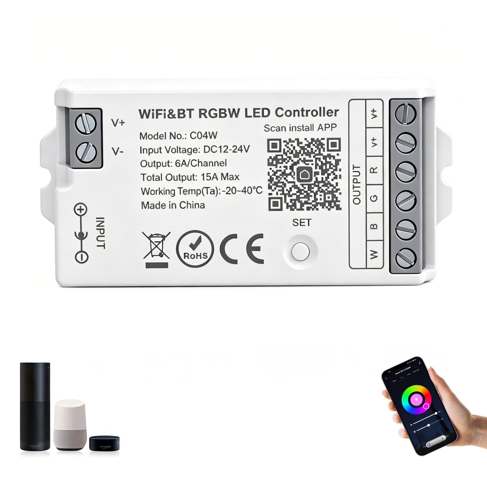 Fosingut C04W WiFi Bluetooth RGBW LED Strip Control, RGB + White Dimmable — image 1