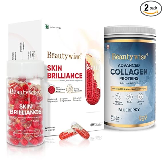 Beautywise Advanced Marine Collagen Proteins Powder With Hyaluronic Acid, Biotin - 250 grams I Glutathione with NAC - 500mg I- 60 veg Capsules I Combo I (Advance Collagen + Glutathione)
