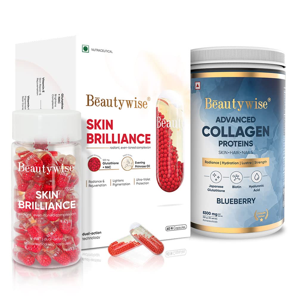 Skin Brilliance Glutathione Nac -500Mg, Dual Action, Evening Primrose Oil + Marine Collagen Powder, Hyaluronic Acid, Glutathione & Biotin Blueberry Flavoured ( 60 Capsules + 250 Gm)