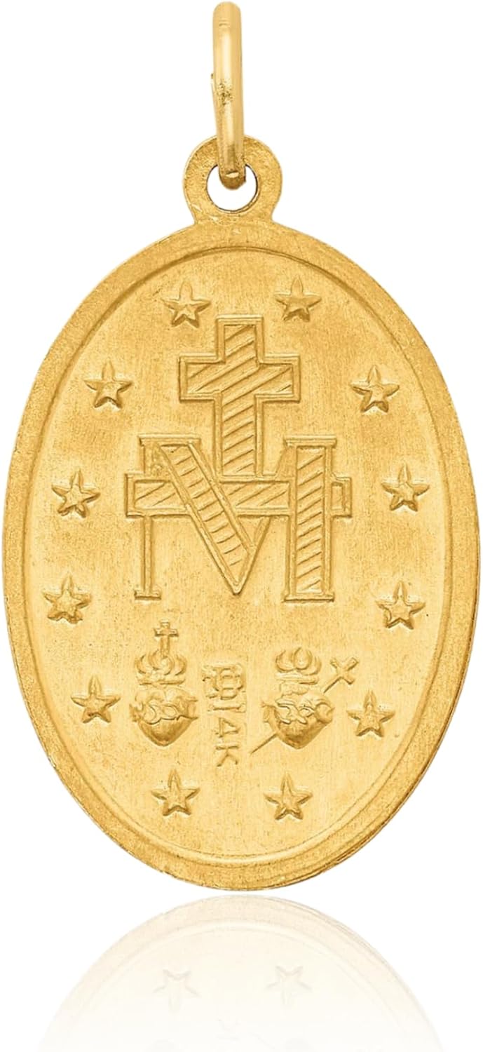 IceCarats 14K Solid Yellow Gold Medium Oval Our Lady of Grace Miraculous Medal, Virgin Mary Pendant Necklace 24.5mm 1 inch Polished, Satin for her