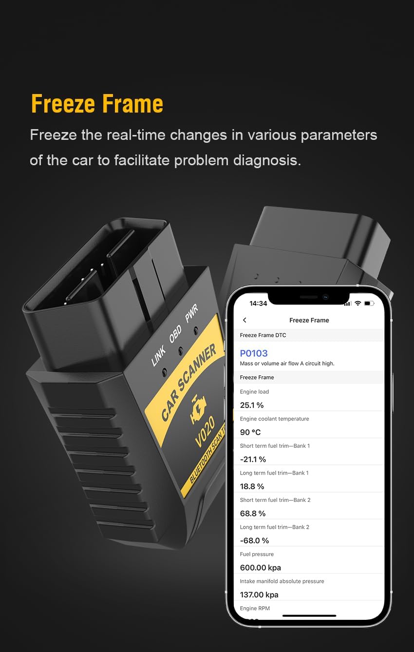 V020 Car Scanner app showing battery voltage reading