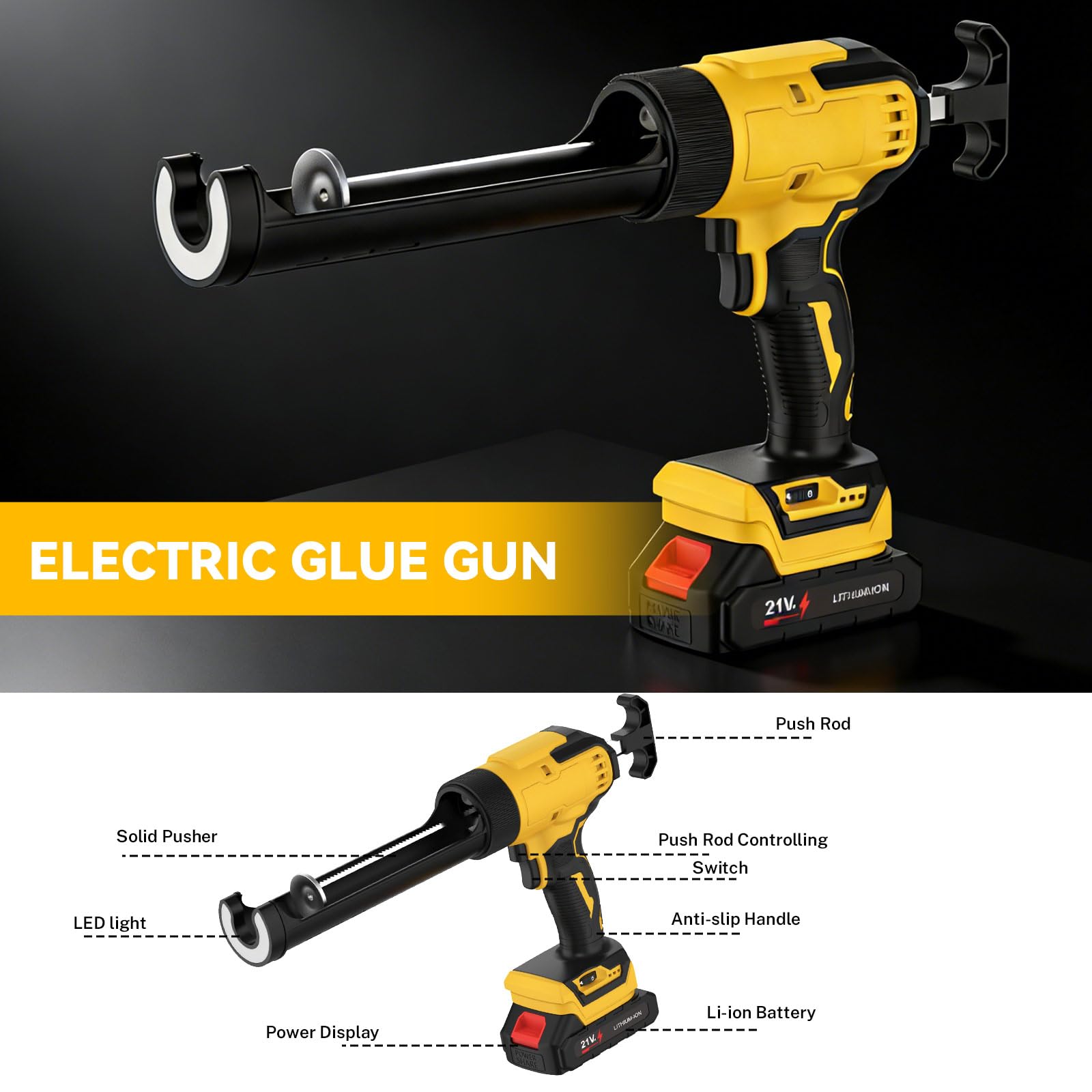 Pistola de Silicona Eléctrica 21V con Luz LED Profesional | 6 Velocidades Regulables, Batería 1500 mAh,400 mm/min, Pantalla Digital,para reparar y aplicar silicona, masilla y sellador.