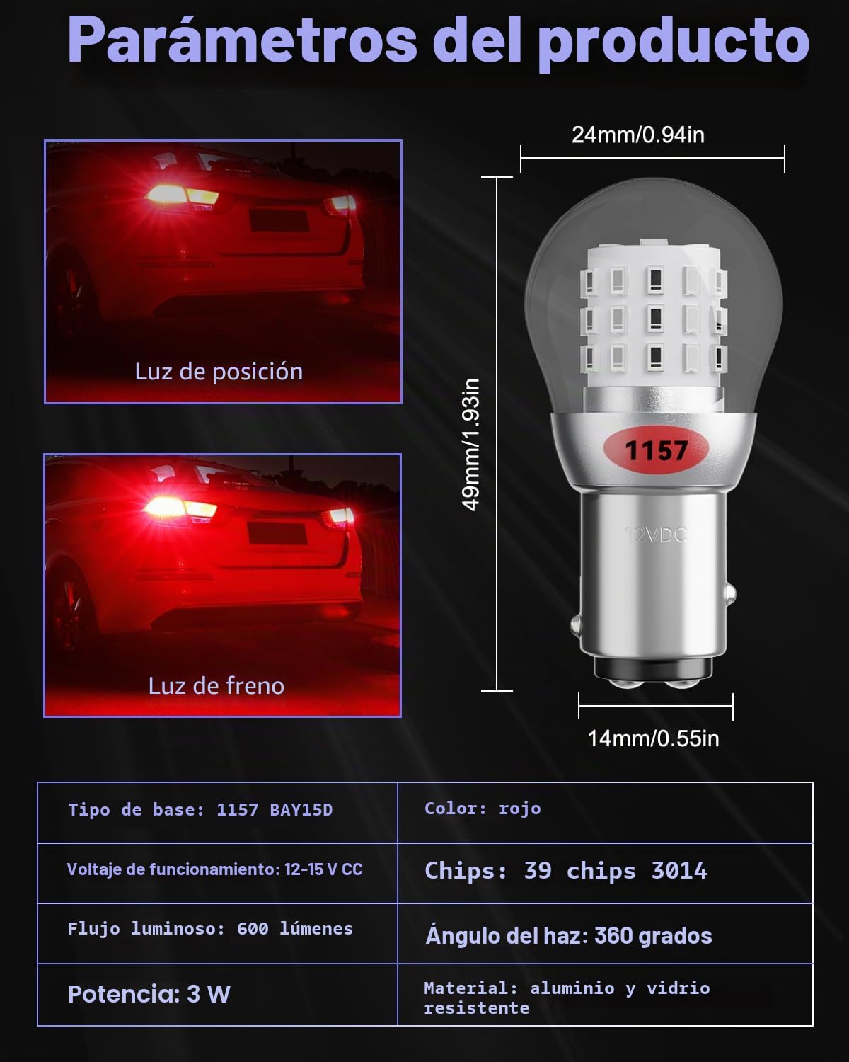Alopee Paquete de 2 Bombillas P21/5W Led Rojo 12V Bombilla 1157 Doble Contacto para Luz de Posición y Luz de Freno, Compatible con Chips 1157 BAY15D 1016 1034 7528, 39SMD 3014 | Paquete de 2 bombillas LED de 12 V con chipset 3014 para 2057 2357 7528 bombi