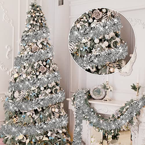Surcvio 33Ft Christmas Tinsel Garland Decorations To Christmas Tree, Thick And Thin Metallic Streamers Foil Tinsel Twist Garland For Xmas Tree Decor Home Indoor Outdoor Party Supplies (Silver) #TOP5