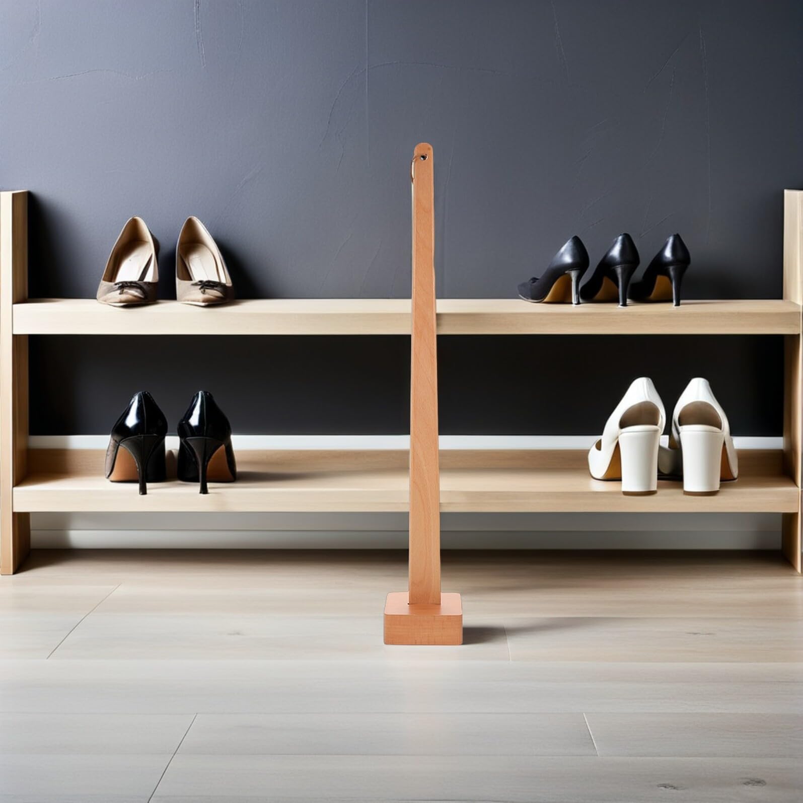 TEHAUX Calzascarpe e Base Stabile con Manico 55 Cm in Legno Strumento per Indossare Scarpe Facile da Usare Accessorio per Anziani, Donne Incinte