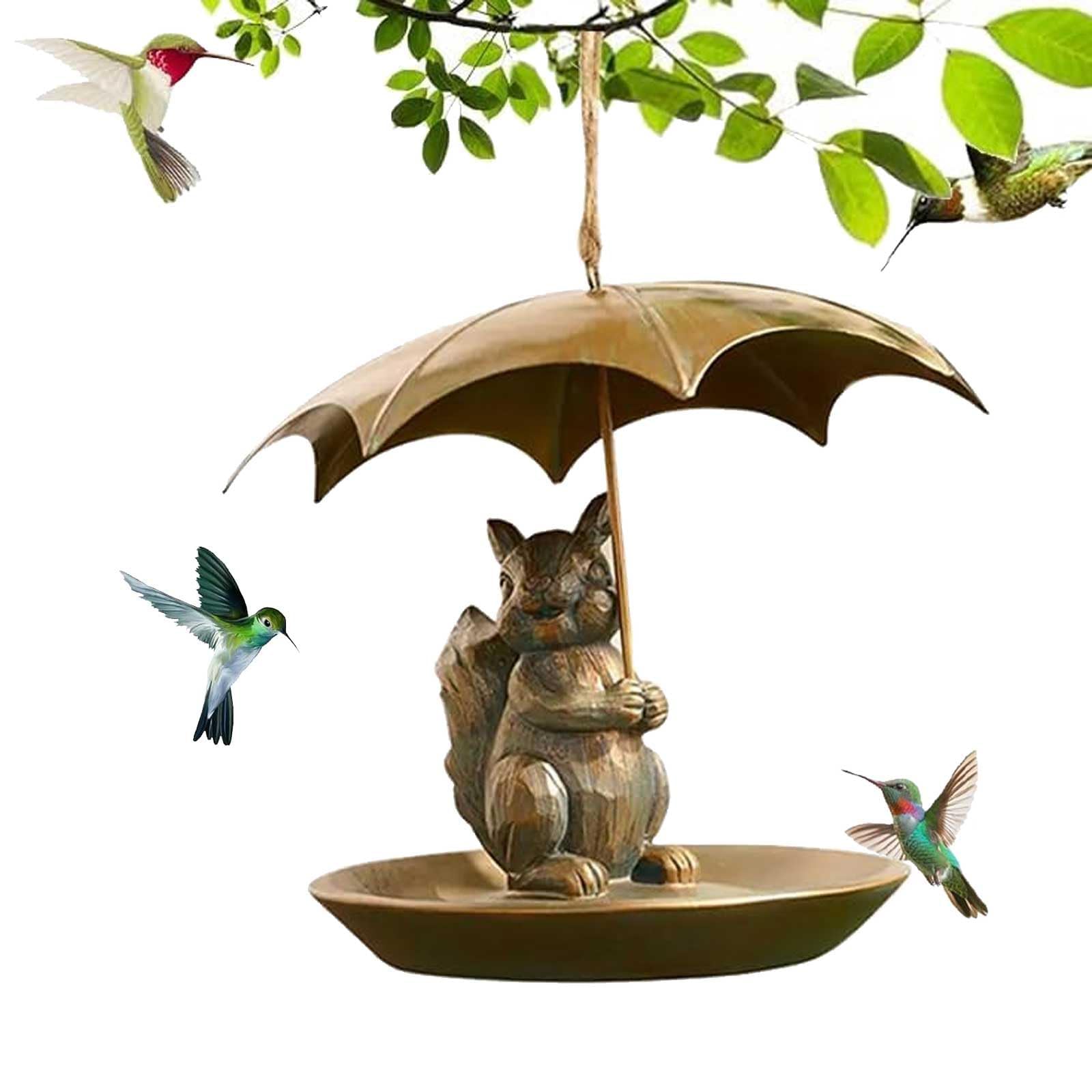 Animal Bird Feeder with Umbrella,Weather-Resistant Metal Hanging Feeder for Outdoor, Anti-Cat/Dog Design Garden Yard Decor, Rustic Decoration with Easy Hanging Hook (Squirrel)