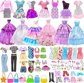56Pcs Doll Clothes Outfit for Barbie, Doll Accessories Mini Dress Party Dress Bikini Set Tops Pants Handbags Shoes Jewelry Accessories Random Stlye for 11.5 inch Girl Doll