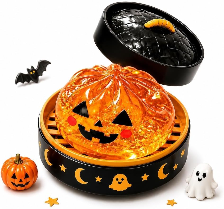 Halloween Steamed Bun Stress Toy with Steamer Basket Relief Fidget Surprise Gift for Adults Party Favours, Orange