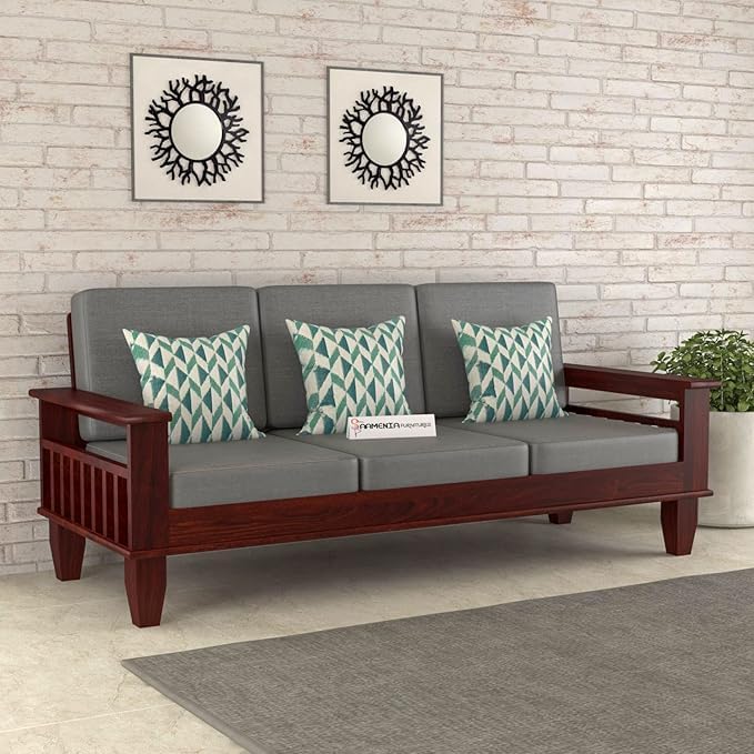 Image of Sheesham Wooden 3 Seater Sofa for Living Room | Rosewood 3 Seater Cushion Sofa with Side Newspaper Holder for Home & Office | Solid Wood Sofa Set for Lounge (-Mahogany Finish)