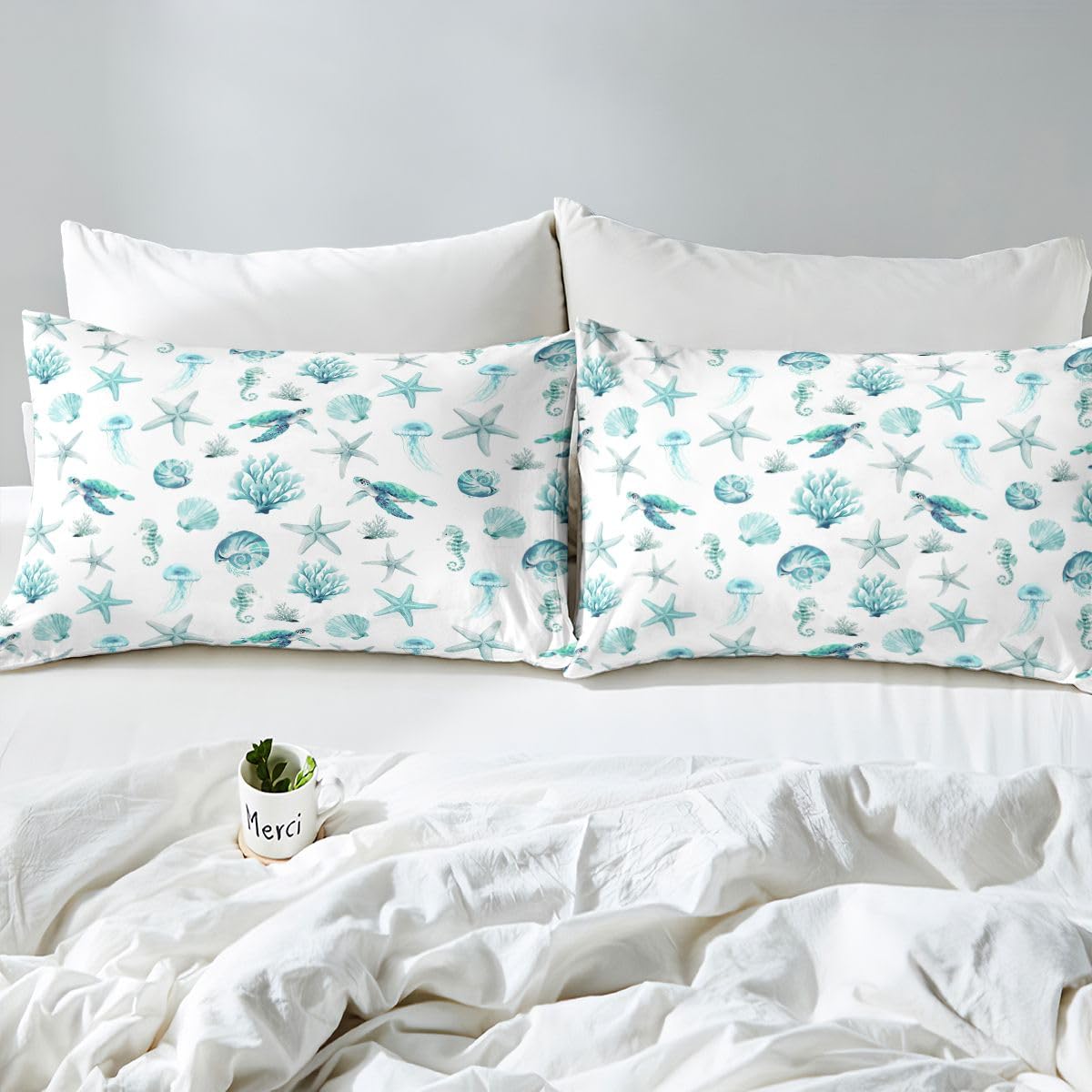Homewish Set di biancheria da letto per letto super king size con stelle marine, conchiglie e trutoli, decorazione a tema creatura marina, per adulti, adolescenti, donne, foglia di tè, oceano, scena