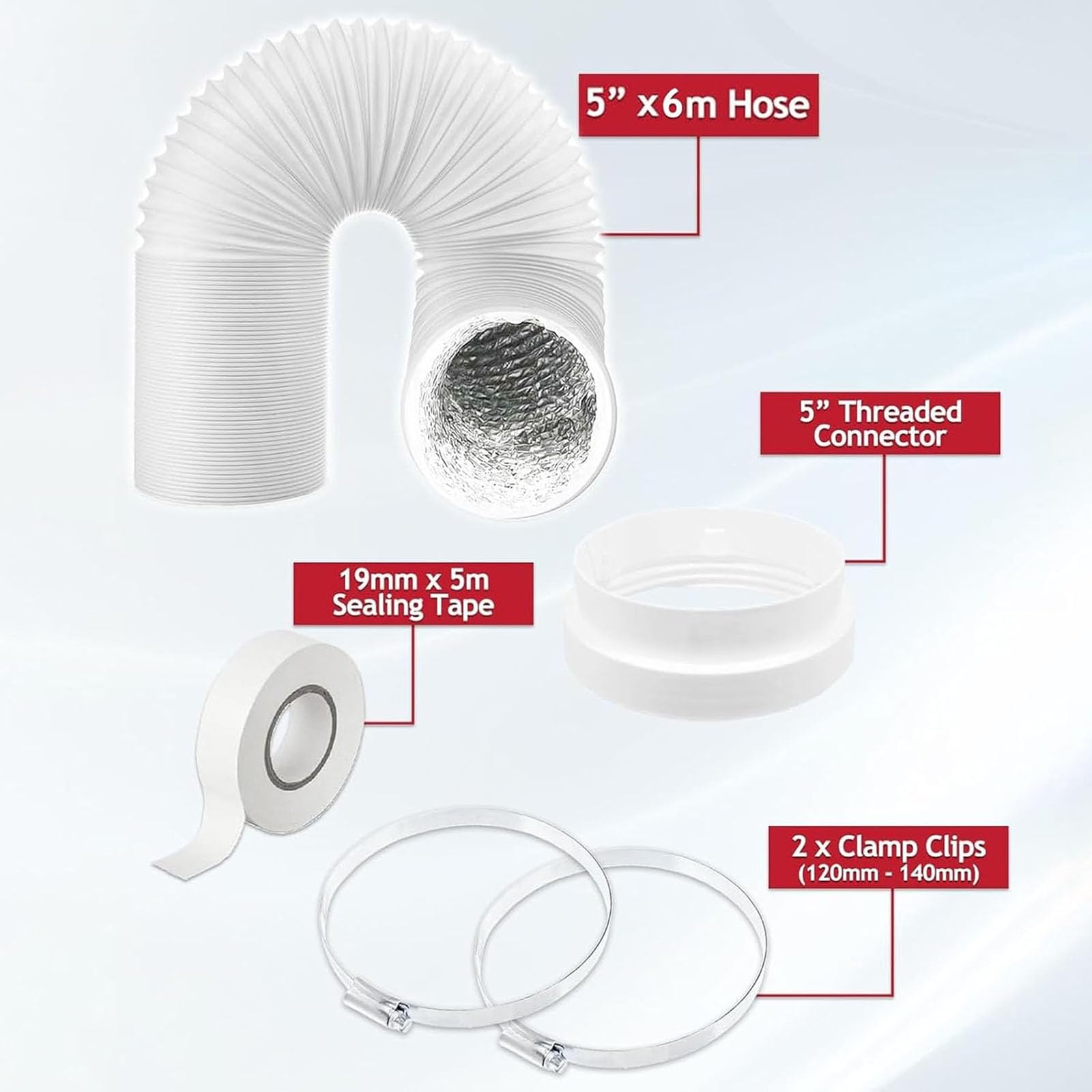 SPARES2GO Universal-Dunstabzugshaube, Abluftschlauch, PVC-Aluminiumfolie, isolierter K, Auslassrohr-Anschluss-Set (12,7 cm x 6 m)