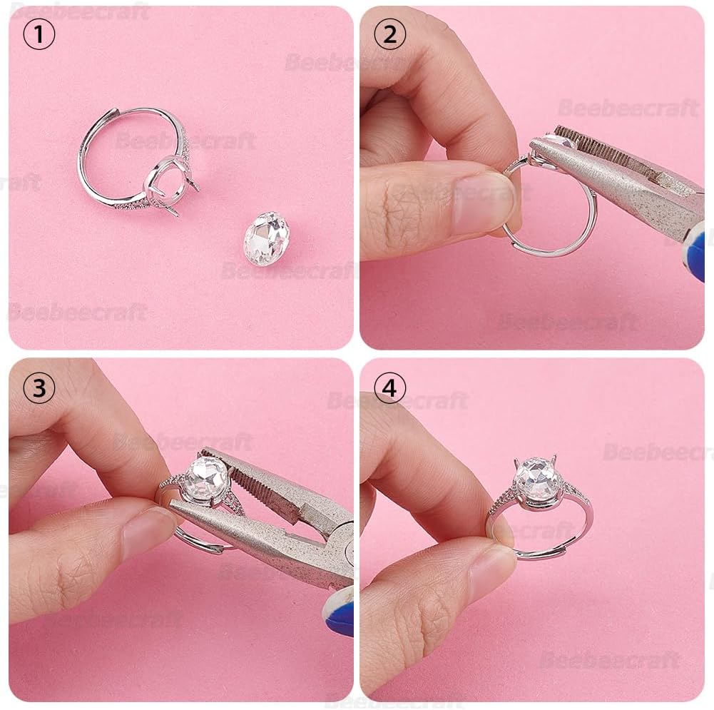 Beebeecraft 1 Box 4Pcs 4 Claw Ring Blanks Sterling Silver Plated Brass Oval Adjustable Prong Ring Settings Cubic Zirconia Rhinestone Finger Rings Components for Jewelry Making Supplies DIY Crafting