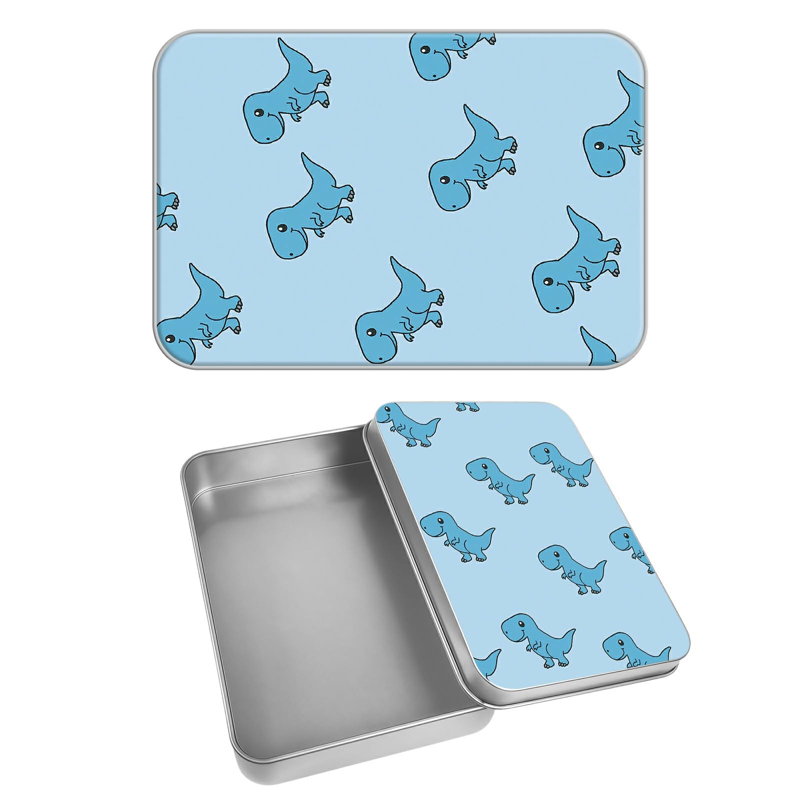 Rectangular Metal Tin Box with Removable Lid, Cute Dinosaur Decorative Printed Metal Storage Container for Cash Ticket Credit Card Check 3.46 x 2.36 x 0.7 inch– Single Pack