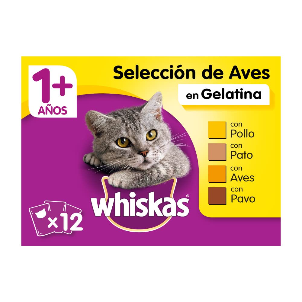 Whiskas Comida Húmeda para Gatos Selección Aves en Gelatina, Multipack (Pack de 4 x 12 Bolsitas x 100g)