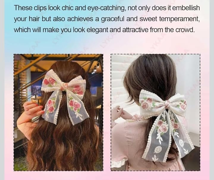 Image of Big Lace Bow Hair pin For Women Flower White Bow with Foral Embroidery For Girls Clips in Function Party Headpin White Hair Accessories Best Gift (Pack of 1)