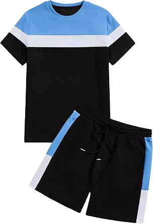 Babioboa Mens Short Sleeve Colorblock T Shirt & Shorts Sweatsuit Set Summer 2 Piece Outfits Casual Athletic Sports Tracksuit