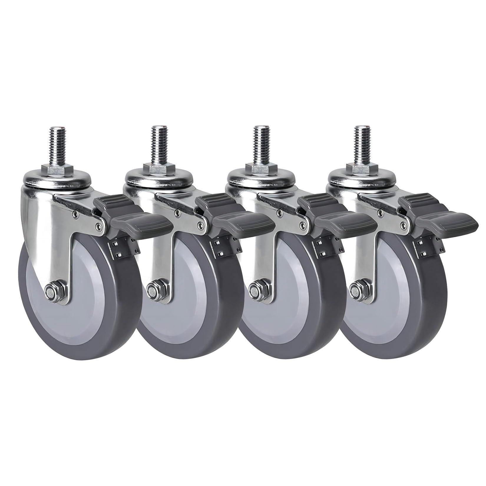 GYRAZXS Quiet Polyurethane Swivel Castors 6m 75mm 100mm M12 x 25mm Thread Stem Pack of 4 Heavy Duty Industrial Wheels with Brake Ideal for Trolleys & Furniture Replacement