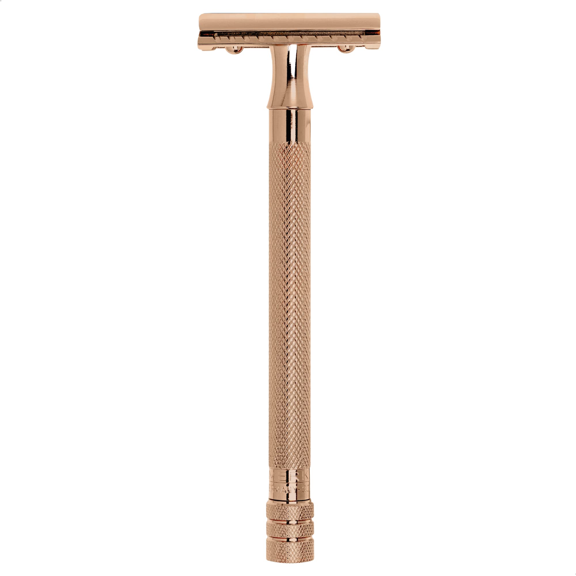 MERKUR Maquinilla de afeitar unisex PVD Gold 24G, de tres piezas en PVD oro rosa con corte recto, peine cerrado, ideal para afeitado en húmedo, zinc fundido, mango de latón, fabricado en Alemania