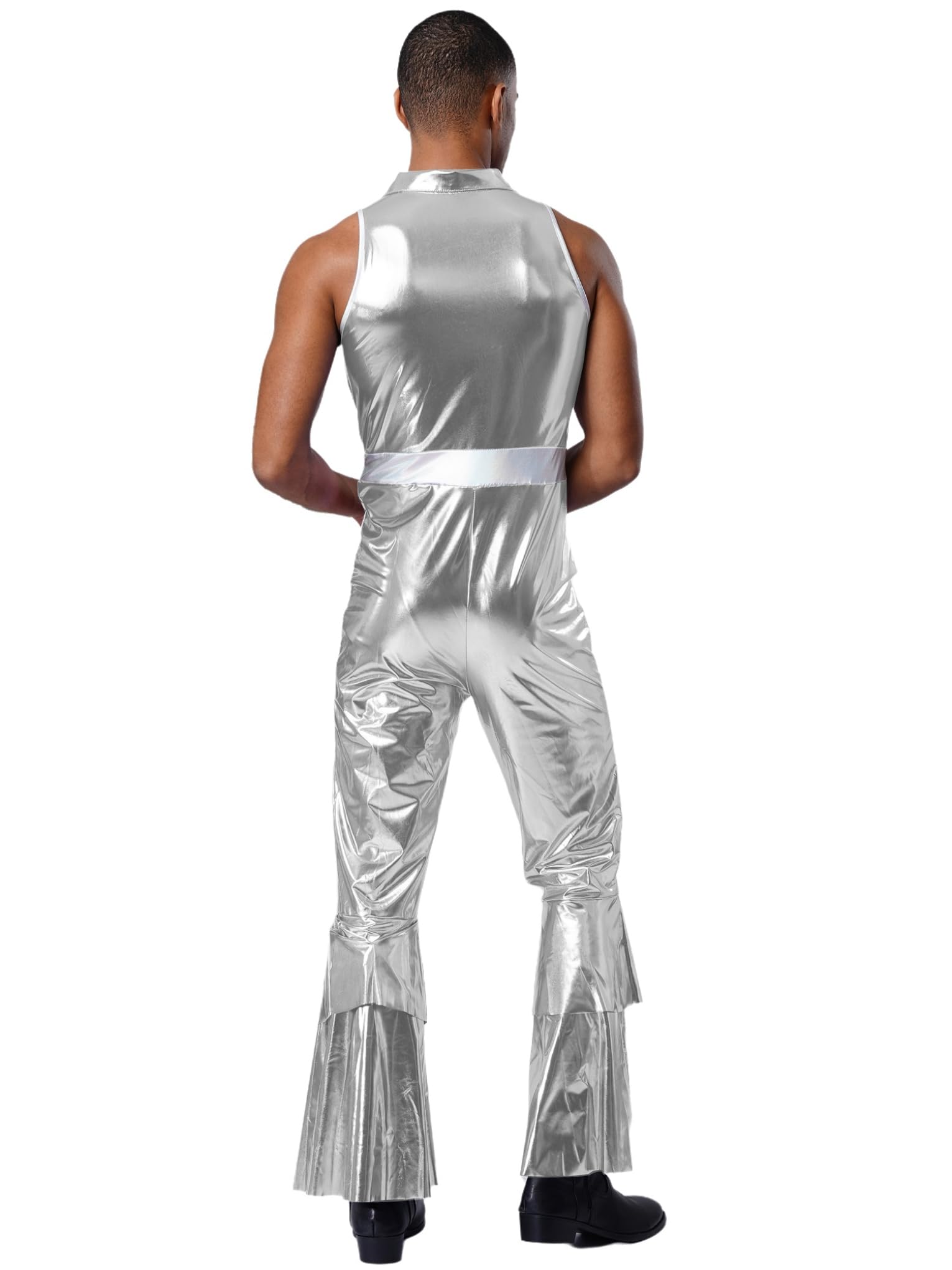 Homme Combinaison Métallique Costume Disco Années 70 Bodysuit San Manche Holographique Bodysuit Cosplay Carnaval Rave Party