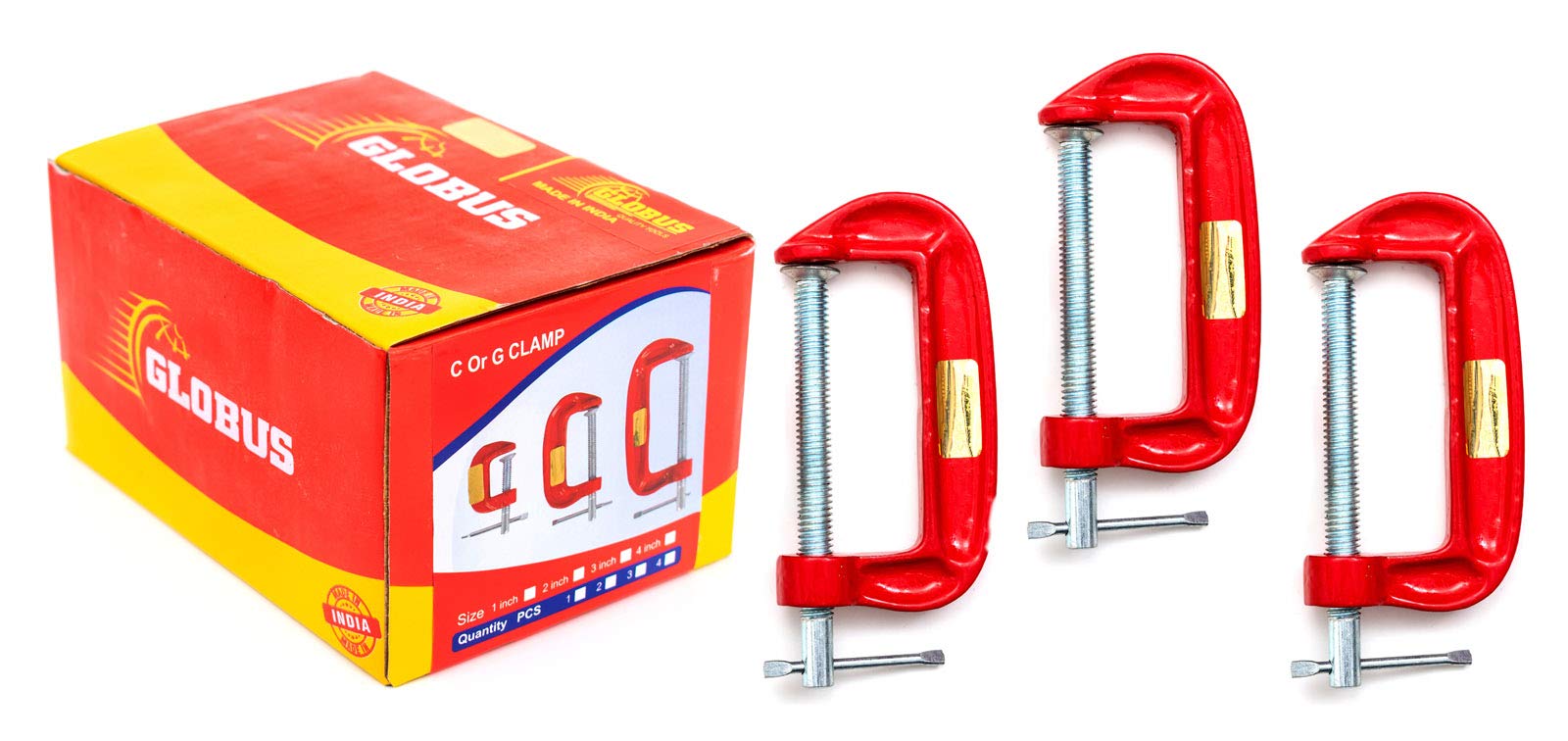 GLOBUS 419 Mini C OR G Clamp 3 INCH Set (Pack Of 3, Red and Silver)