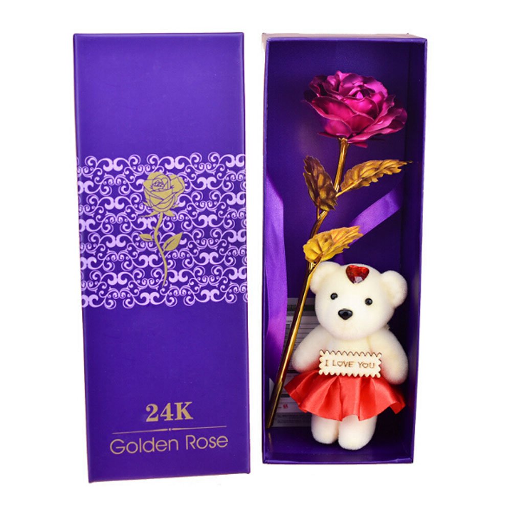 Chocozone Plastic 24K Pink Rose Flower with Romantic I Love You Teddy Bear Valentine Gift for Girlfriend Proposal Gifts