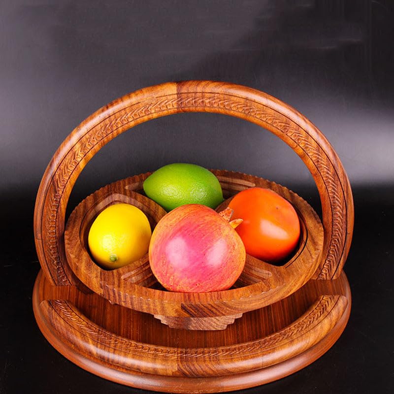 DSKMED Handmade Wood Carving Fruit Plate -Wooden Fruit Basket, Foldable Bamboo Dried Fruit Basket Collapsible Bread Nuts Baskets, (A), inapplicable, OJNLM-01