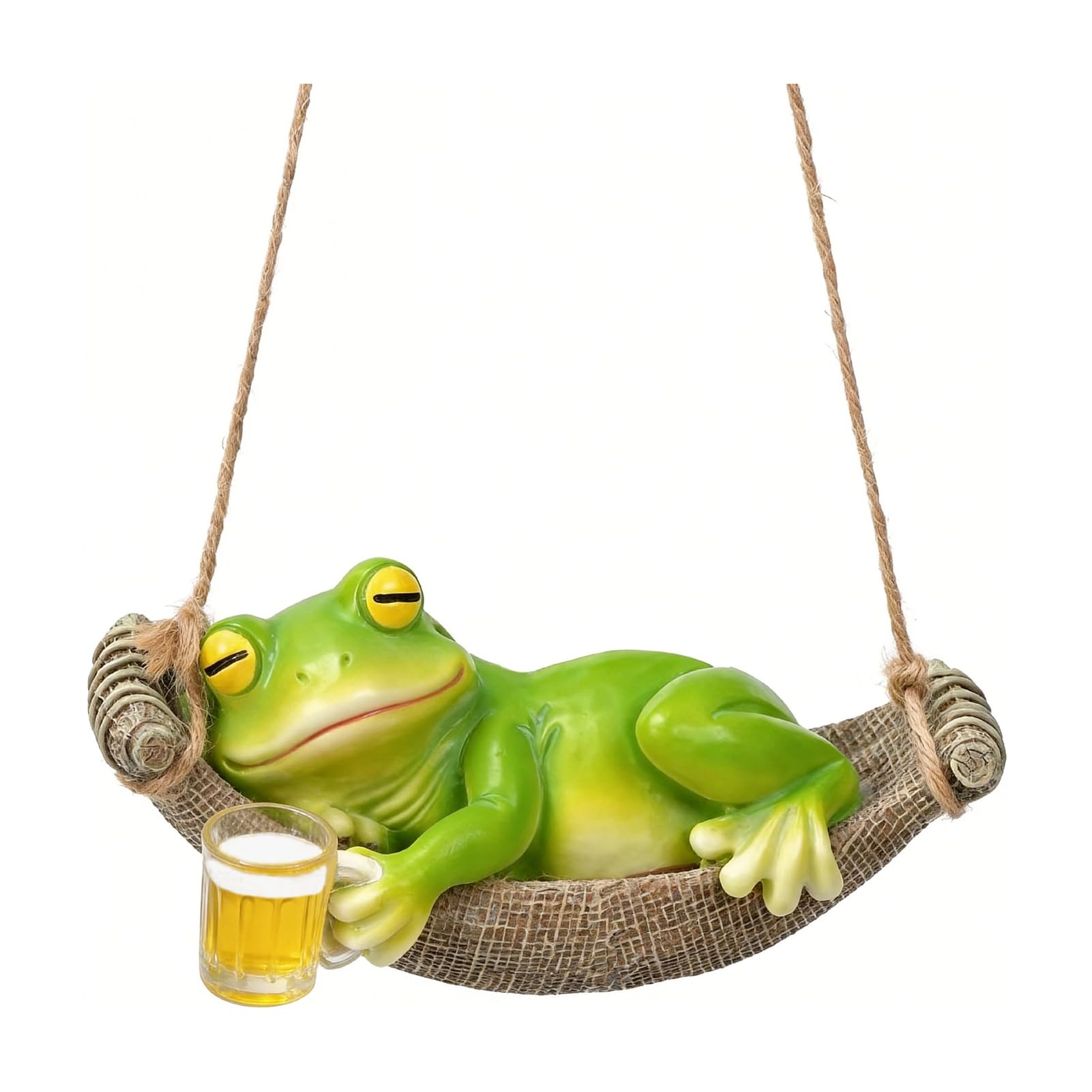 Glifora Hanging Frog Figurine - Resin Hammock Frog Ornament Holding Beer Mug, Garden Cute Frog Statue for Patio and Balcony Decoration