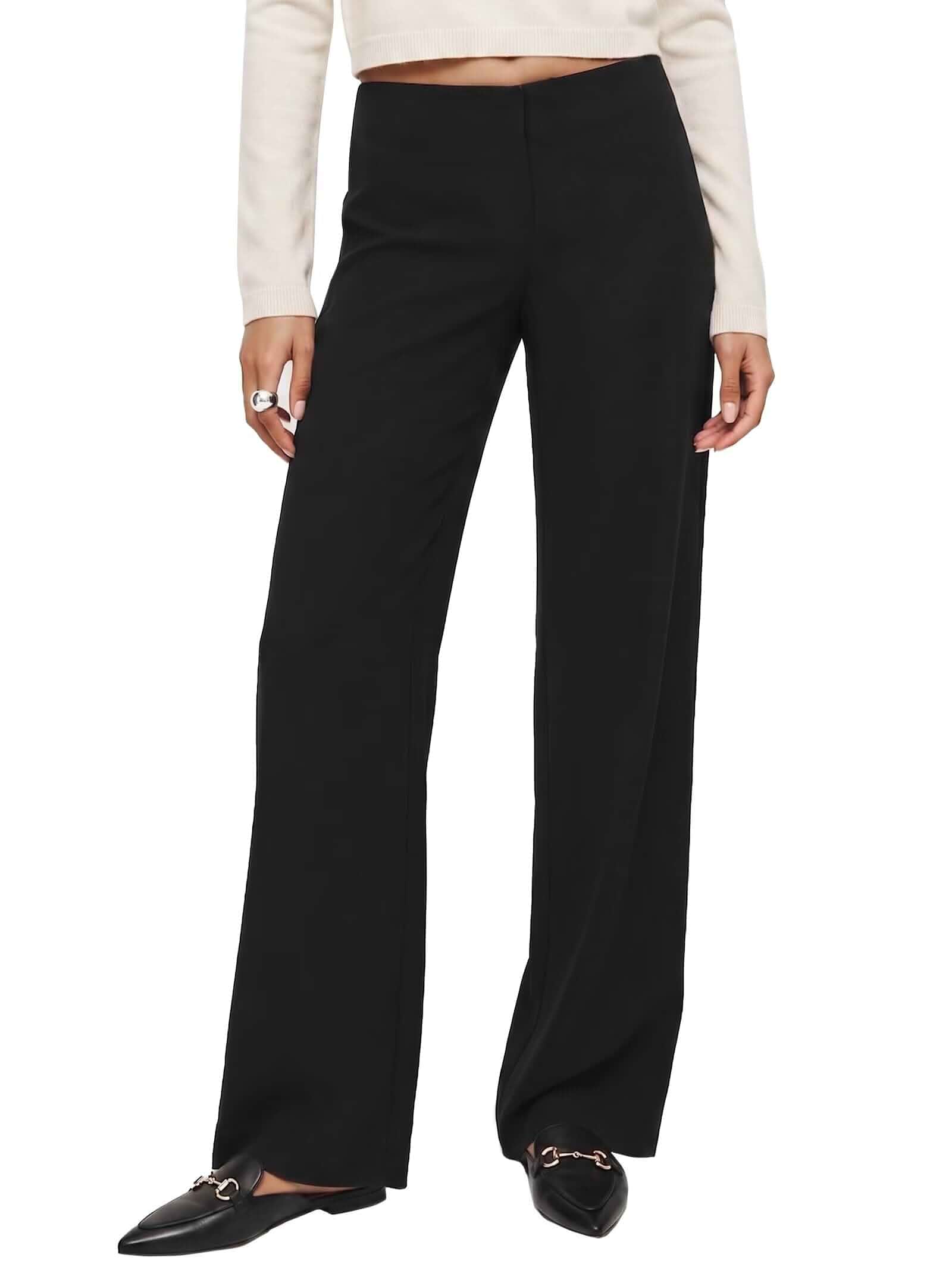 Sunzel Women's Mid Rise Wide Leg Dress Pants Stretchy Office Work Trousers Hidden zip fly and hook closure, clean flat front, smooth drape, flexible comfort, fitted through waist and hips, full length