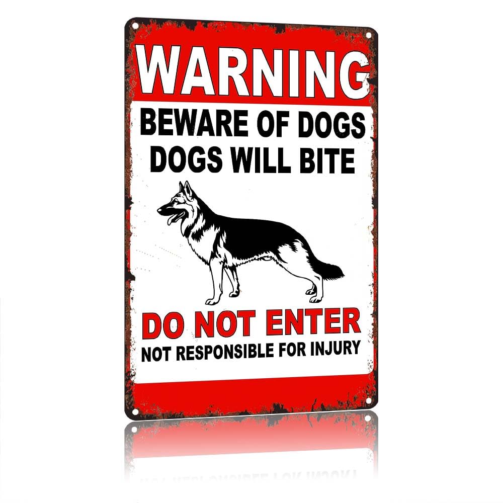 peiyeety WARNING Beware of Dogs Vintage 12x8 Inch Aluminum Metal Tin Sign, Dogs Will Bite DoEnter Decorative Wall Sign, Rustproof Waterproof Warning Sign for Outdoors Fence Yard Garden Entrance