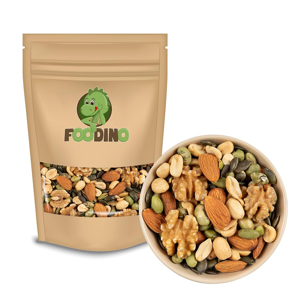 Protein Nussmischung 1kg - High Protein Nuss Mix - aus 5 Sorten Nüssen, Bohnen und Kernen - Mandeln, Walnuss, Erdnuss, Kürbiskerne, Edamame - Proteinreicher Fitness Snack - Foodino (1kg-5kg) (5 kg)