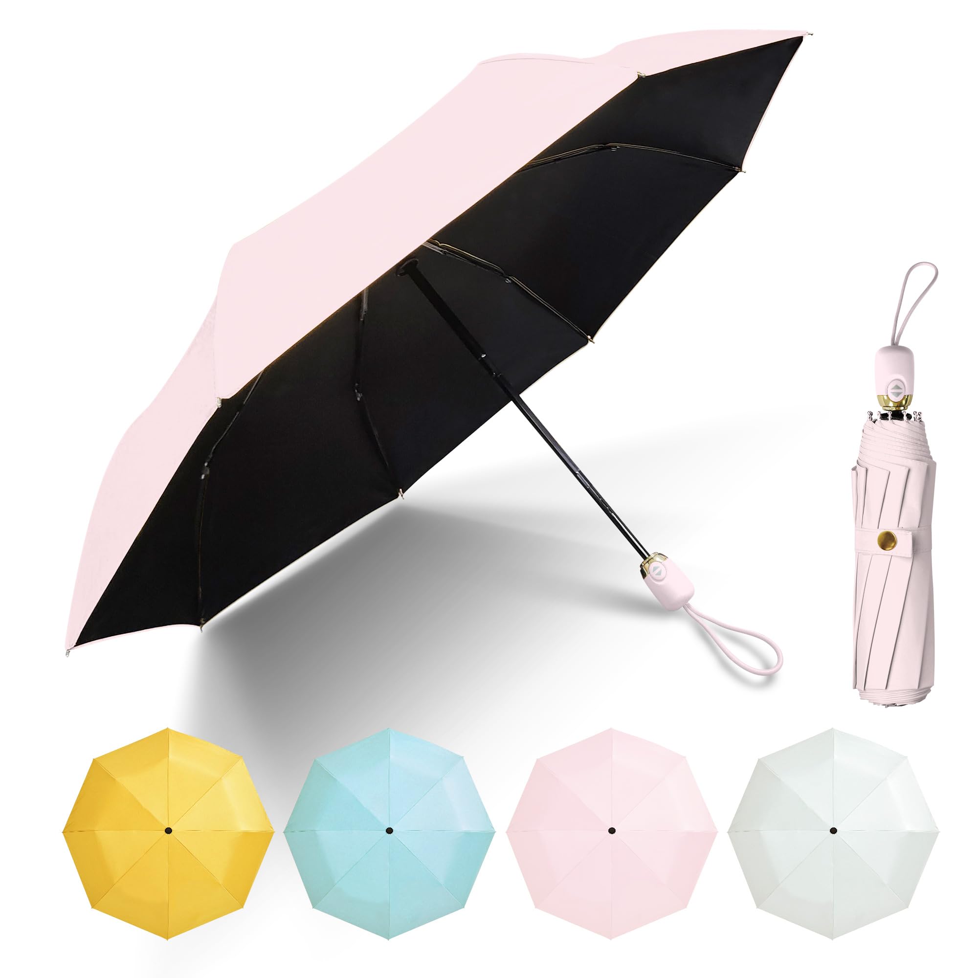 UV Protection Umbrella Compact Travel Umbrella Windproof Auto Open & Close Foldable Portable Umbrella for Women and Girls, with Black Anti-UV Coating