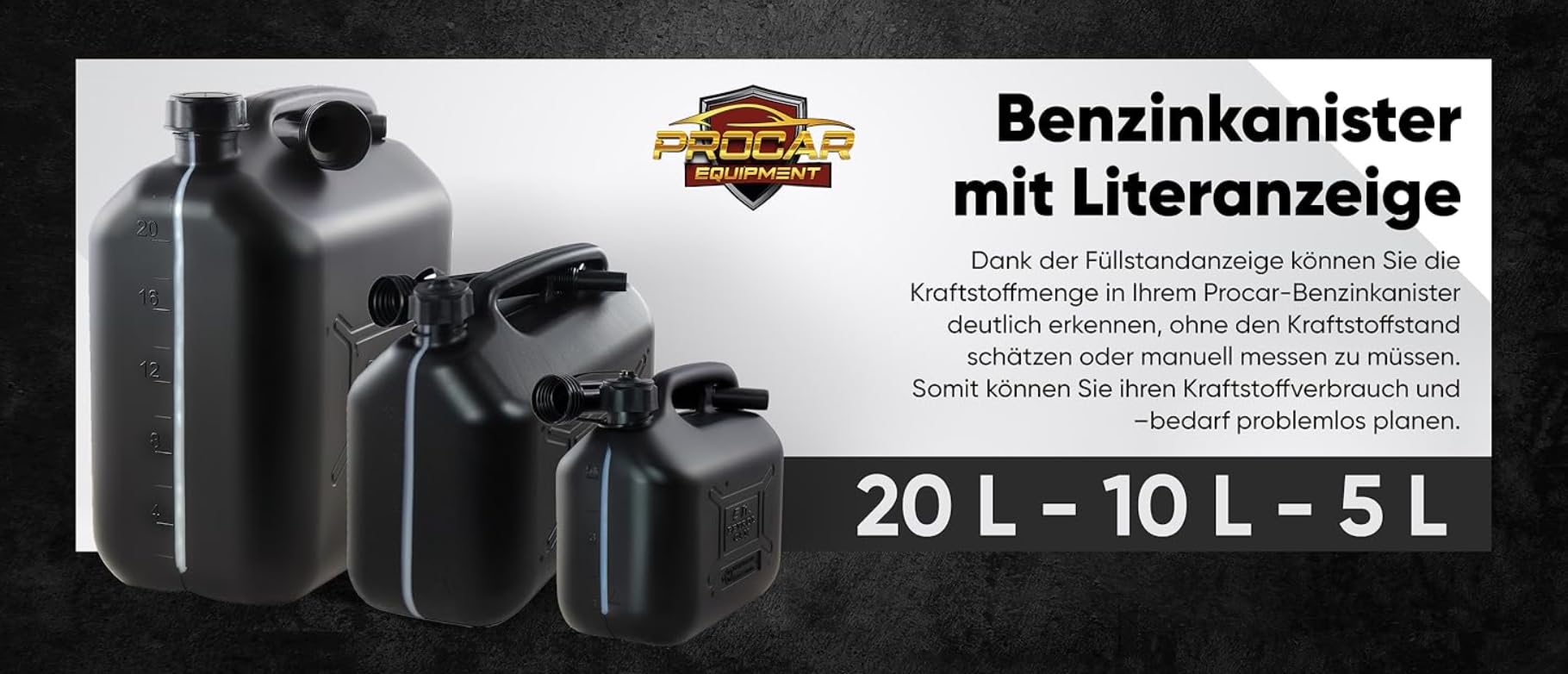 ProCar Tanica per benzina da 5 litri, colore nero, approvazione ONU, tanica per carburante con indicatore di livello, made in Europe (nero, 5 litri)