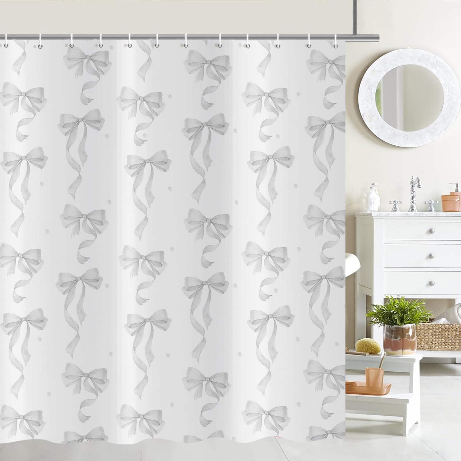 ASDCXZ Gray Bow Shower Curtain 180x240 cm, Modern Simple Grey Aesthetic Bow Kids Bathroom Decoration White Waterproof Bath Curtain Polyester Fabric Washable Shower Curtains for Bathtub with 12 Hooks