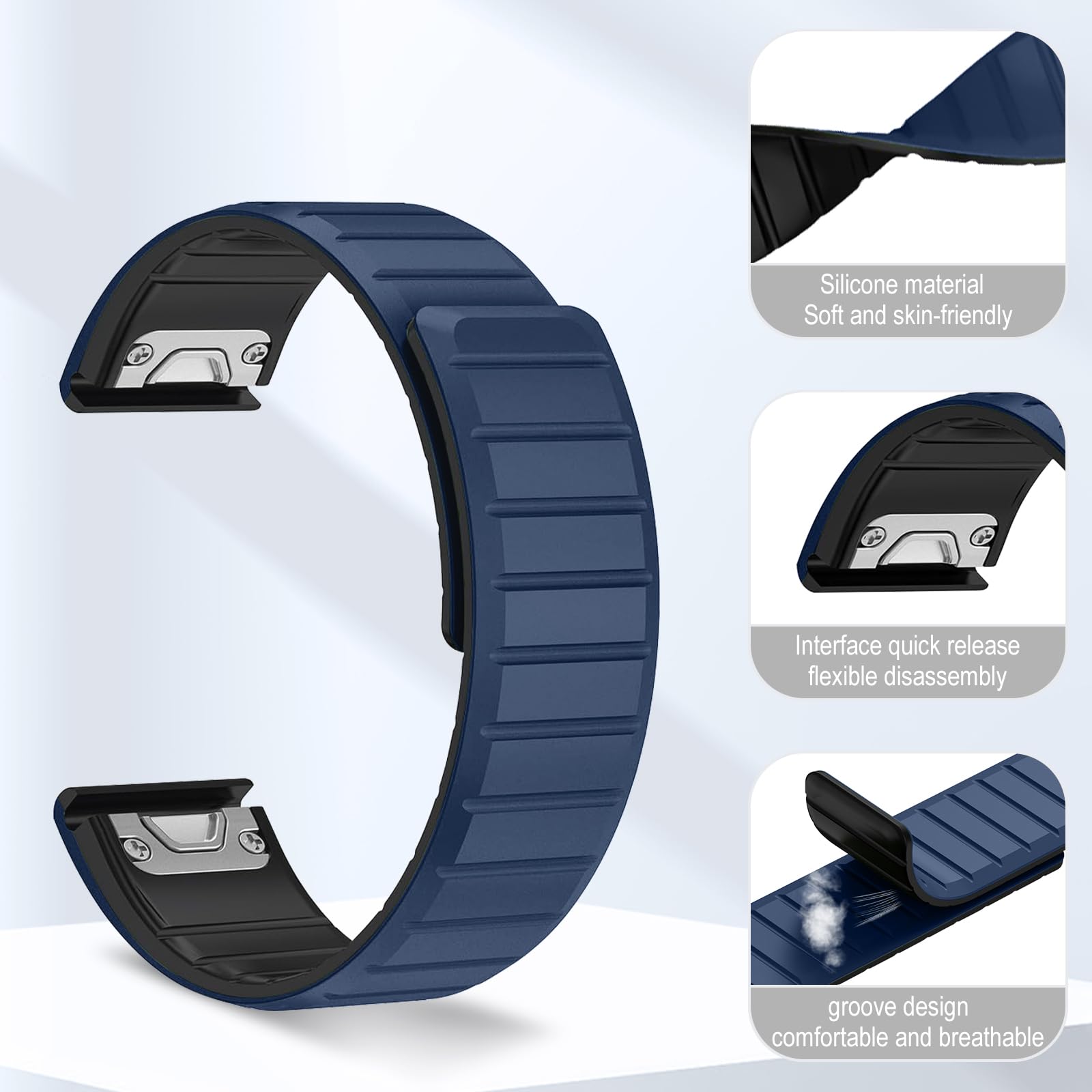 ToVioc Silicone Cinturino per 47mm of Garmin Fenix E/Fenix 8 Pro/Tactix 8/Quatix 8/D2 Mach 2, Cinturino Quickfit 22mm Silicone Magnetico per Garmin Quatix 7 Pro/6, Descent G2 - Blu Mezzanotte