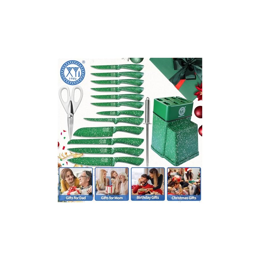 XYJ-Authentic-Since-1986-Knife-Block-Set-Stainless-Steel-Kitchen-Knife-Set-with-Knife-Holder-Green-Color-Japanese-Chef-Knife-Set-Steak-Knives-Fruit-Bread-Carving-Slicing-Knife XYJ Authentic Since 1986, Knife Block Set, Stainless Steel Kitchen Knife Set with Knife Holder, Green Color, Japanese Chef Knife Set, Steak Knives, Fruit Bread Carving Slicing Knife