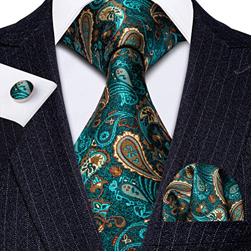 Image of Barry.Wang Men Tie Set Paisley Silk Necktie Pocket Square Cufflinks Formal Wedding Business Party