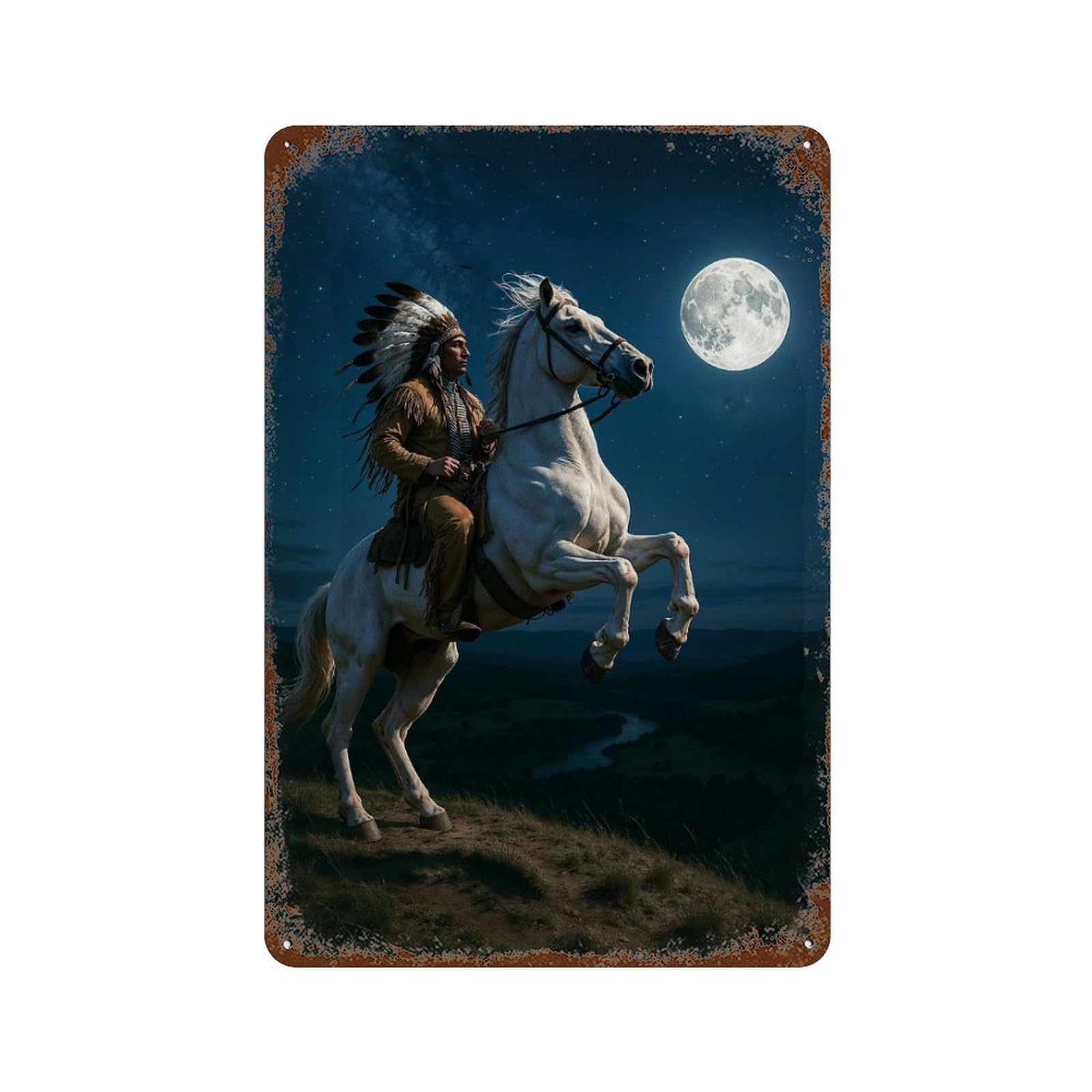 Rust Effect Native American on Horse Under Moonlight Rusty Metal Tin Sign 11.8"x7.9", Old School Wall Decor for Basement, Hobby Room And Garage Decor