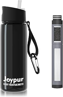 Botella con Filtro de 5 Capas y Brújula de 650 ml, Filtro de Agua Portátil de 0.01µm y 1500 Litros para Acampar y Senderismo, Purificador Personal para Mochila y Viajes (Negro)