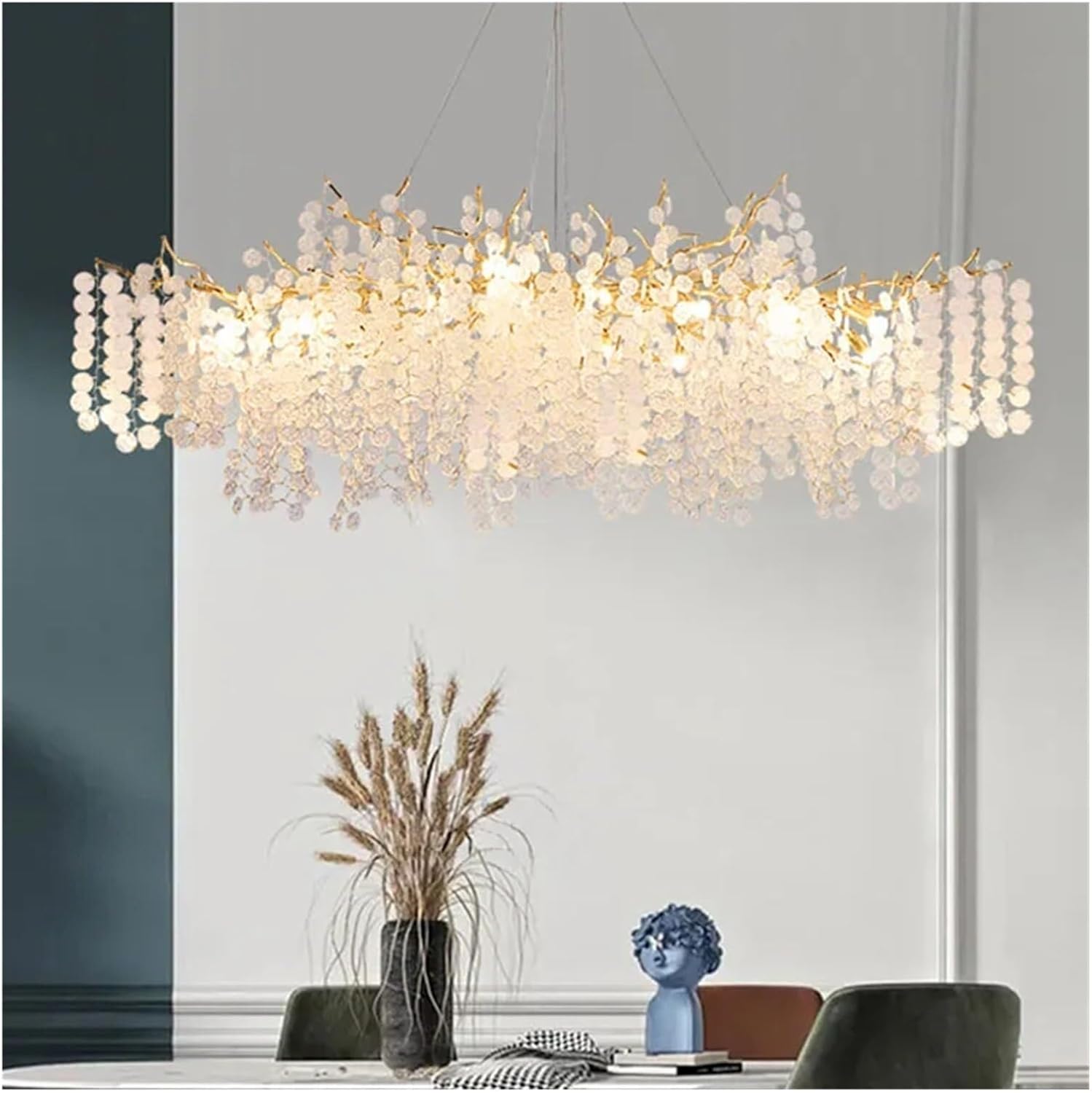 Luxury Crystal Dining Room Chandelier Light Fixture, Italian Design, Long Branch Style, E14 Bulb, L120cm, Modern Simple Crystal Light for Dining Room, Living Room, Kitchen(L160cm)